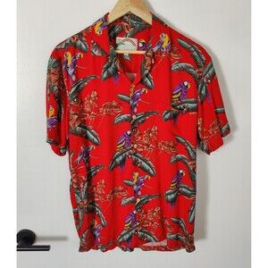 Vintage Paradise Found Hawaiian Shirt Mens Small Red Tropical Parrot Rayon